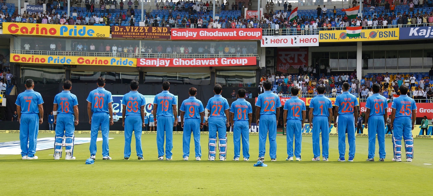 India Players wears a t-shirt which display his mothers name during National Anthem during the 5th One Day International match ( ODI ) between India and New Zealand held at the Dr. Y.S. Rajasekhara Reddy ACA-VDCA Cricket Stadium in Visakhapatnam on the 29th  October 2016. Photo by: Deepak Malik/ BCCI/ SPORTZPICS