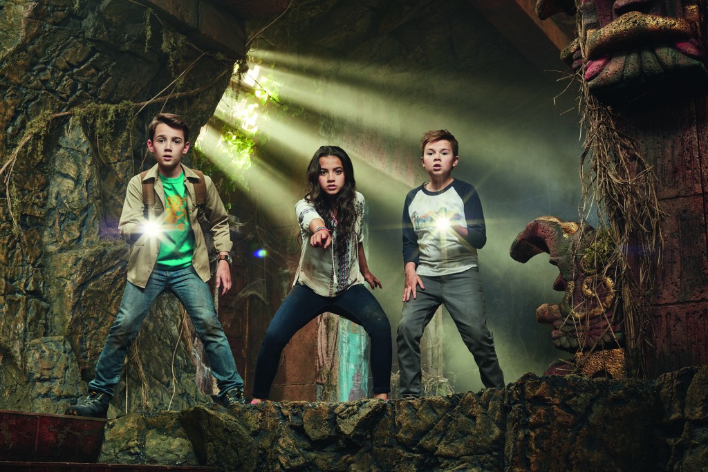 LEGENDS OF THE HIDDEN TEMPLE GALLERY: Pictured: Sadie (Isabela Moner), Noah (Colin Critchley), Dudley (Jet Jurensmeyer) in LEGENDS OF THE HIDDEN TEMPLE on Nickelodeon.  Photo:  Mathieu Young/Nickelodeon. © 2016 Viacom International, Inc.  All Rights Reserved.  MANDATORY CREDIT; NO SALES; NO ARCHIVE Credit Line: MATHIEU YOUNG/NICKELODEON  Vanities: Style Consultant: Alecia Ebbels Style Assistant: Misty Greer Key Makeup: Darci Jackson Key Makeup: Jan Ballard Key Hair: Russel Brady Assistant Hair: Sandi Hall Costume Designer: Ken Shapkin Photographer: Mathieu Young